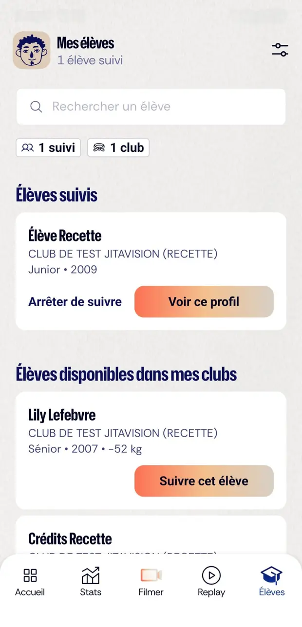 Écran Mes élèves : élèves suivis et élèves disponibles dans les clubs