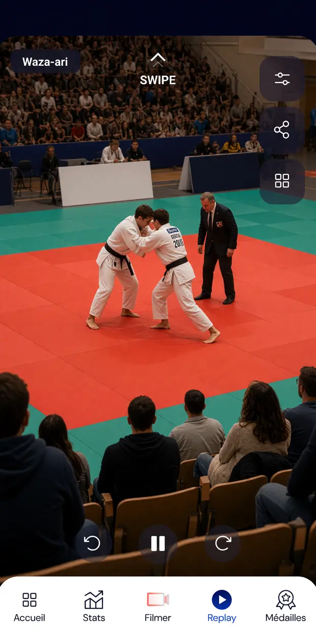 Écran Replay : vidéo d'un combat avec l'action Waza-ari repérée